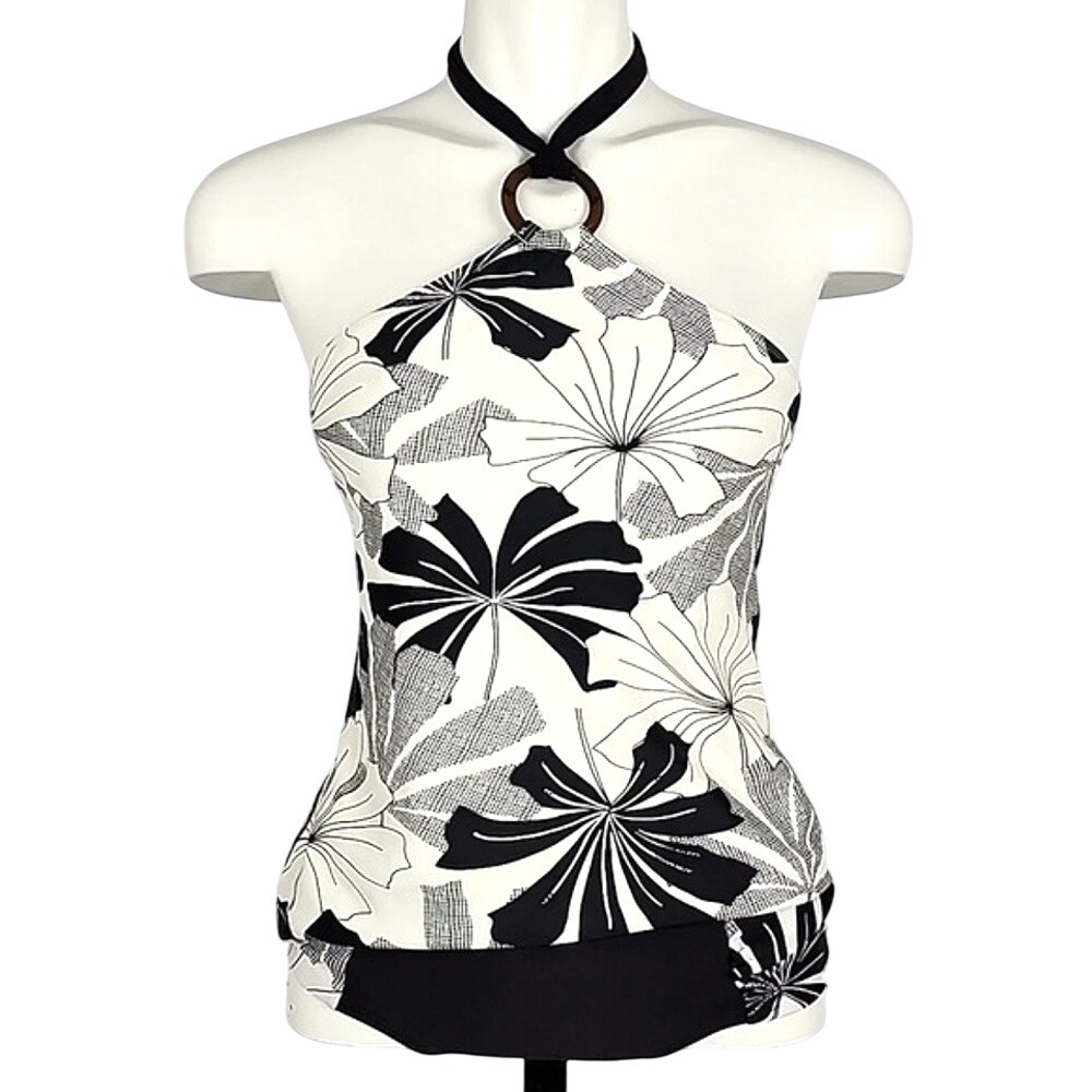 Skye Women's Halter Tankini Bikini Set Black Cream Floral Large